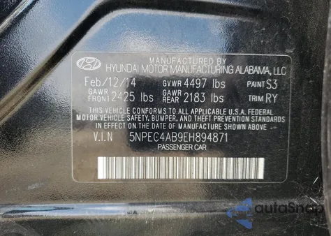 2014 Hyundai Sonata Se z USA, uszkodzony, nr VIN 5NPEC4AB9EH894871